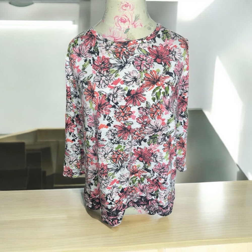 J. Jill Pink and White Floral Tunic 3/4 Sleeve - Picture 3 of 10